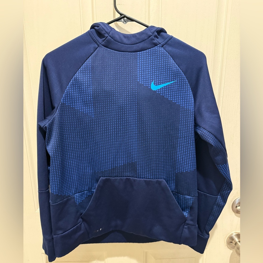 NIKE Therma Dri-Fit Boys Blue Check Swoosh Hoodie Pullover Sweatshirt Jacket